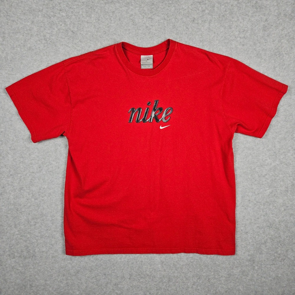 Nike (Mens XL) Red T-Shirt Script Logo Center Swoosh Cotton Short Sleeve Tee VTG